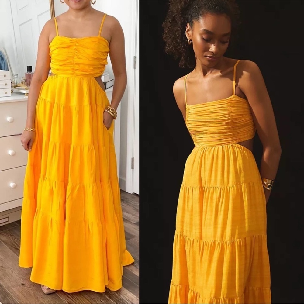 Anthropologie Let Me Be Mango Cutout Tiered Maxi Dress Open Back Large NWT - Picture 6 of 8